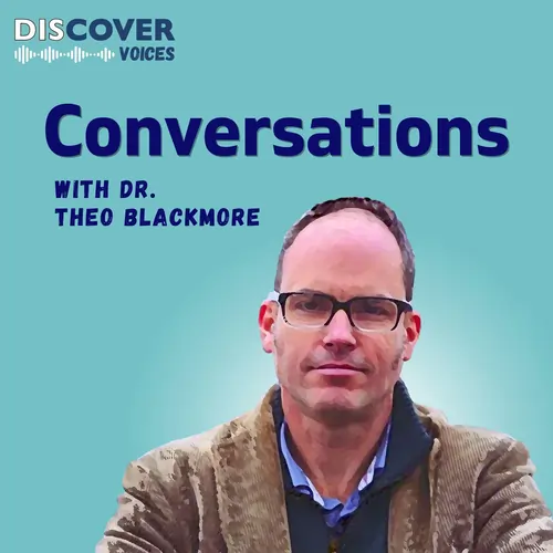 Conversations podcast cover featuring a host sitting in front of a microphone. Theo Blackmore
