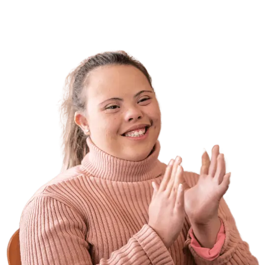 A person smiling while interacting with support services.